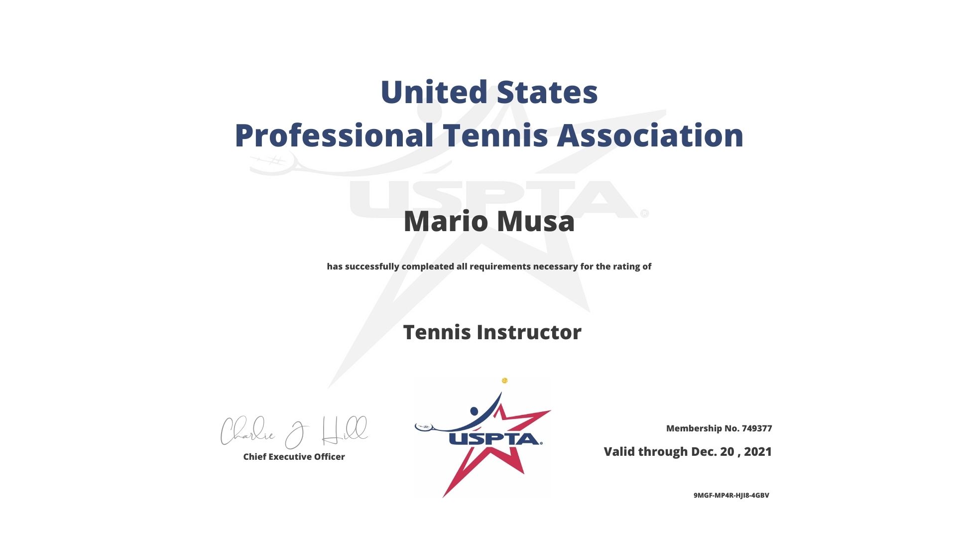 Mario Musa USPRA tennis instructor certificate